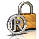 Silver trademark lawyer registration logo in front of gold padlock
